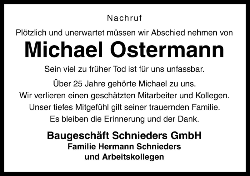  Traueranzeige für Michael Ostermann vom 21.08.2015 aus Neue Osnabrücker Zeitung GmbH & Co. KG