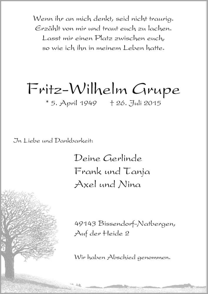  Traueranzeige für Fritz-Wilhelm Grupe vom 03.08.2015 aus Neue Osnabrücker Zeitung GmbH & Co. KG