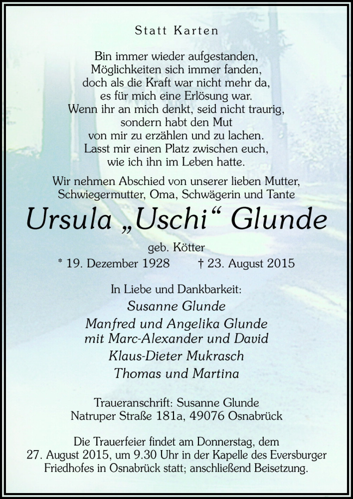  Traueranzeige für Ursula Glunde vom 25.08.2015 aus Neue Osnabrücker Zeitung GmbH & Co. KG