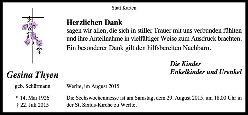  Traueranzeige für Gesina Thyen vom 26.08.2015 aus Neue Osnabrücker Zeitung GmbH & Co. KG