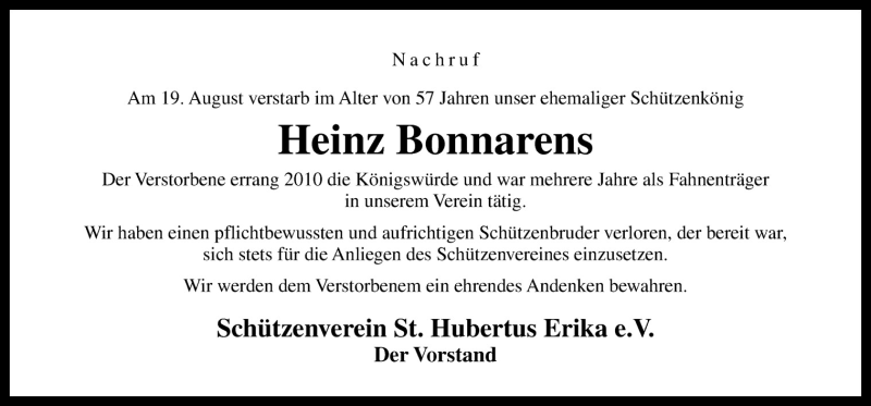  Traueranzeige für Heinz Bonnarens vom 24.08.2015 aus Neue Osnabrücker Zeitung GmbH & Co. KG