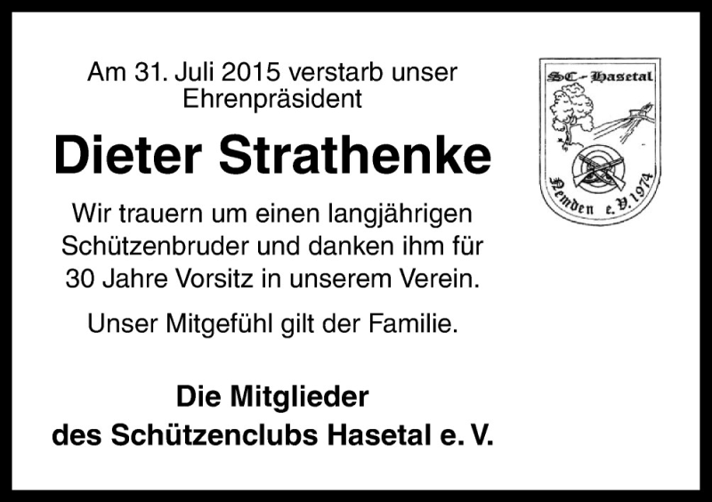  Traueranzeige für Dieter Strathenke vom 04.08.2015 aus Neue Osnabrücker Zeitung GmbH & Co. KG