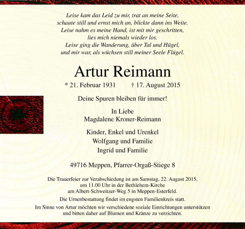  Traueranzeige für Artur Reimann vom 20.08.2015 aus Neue Osnabrücker Zeitung GmbH & Co. KG