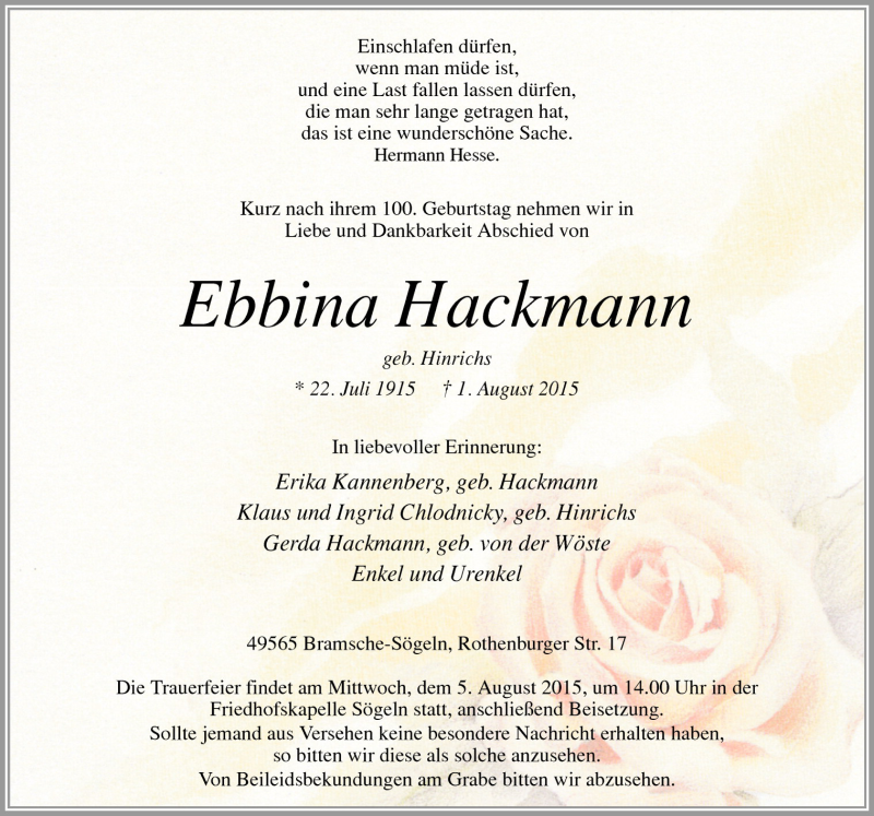 Traueranzeige für Ebbina Hackmann vom 04.08.2015 aus Neue Osnabrücker Zeitung GmbH & Co. KG