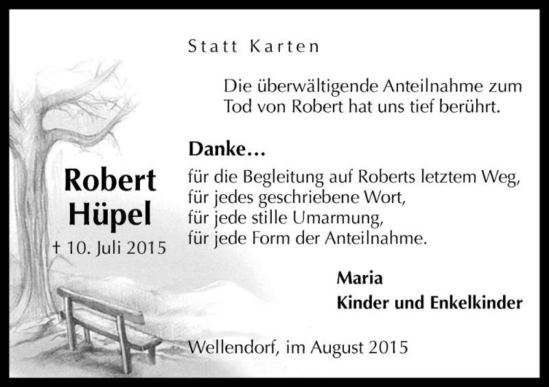  Traueranzeige für Robert Hüpel vom 22.08.2015 aus Neue Osnabrücker Zeitung GmbH & Co. KG