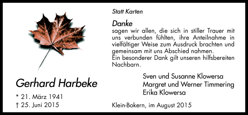  Traueranzeige für Gerhard Harbeke vom 15.08.2015 aus Neue Osnabrücker Zeitung GmbH & Co. KG