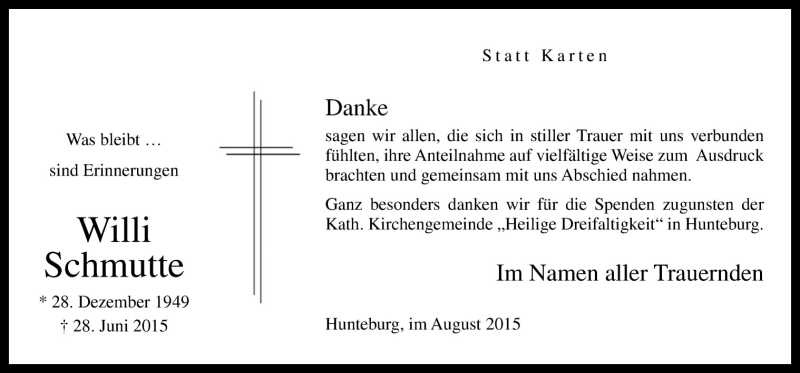  Traueranzeige für Willi Schmutte vom 08.08.2015 aus Neue Osnabrücker Zeitung GmbH & Co. KG