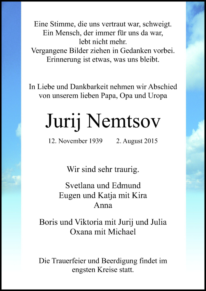  Traueranzeige für Jurij Nemtsov vom 05.08.2015 aus Neue Osnabrücker Zeitung GmbH & Co. KG