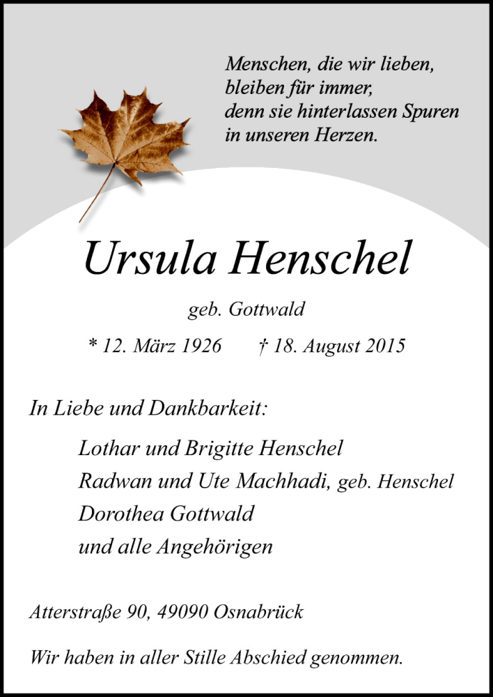  Traueranzeige für Ursula Henschel vom 29.08.2015 aus Neue Osnabrücker Zeitung GmbH & Co. KG