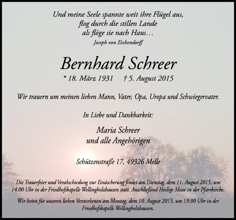  Traueranzeige für Bernhard Schreer vom 08.08.2015 aus Neue Osnabrücker Zeitung GmbH & Co. KG