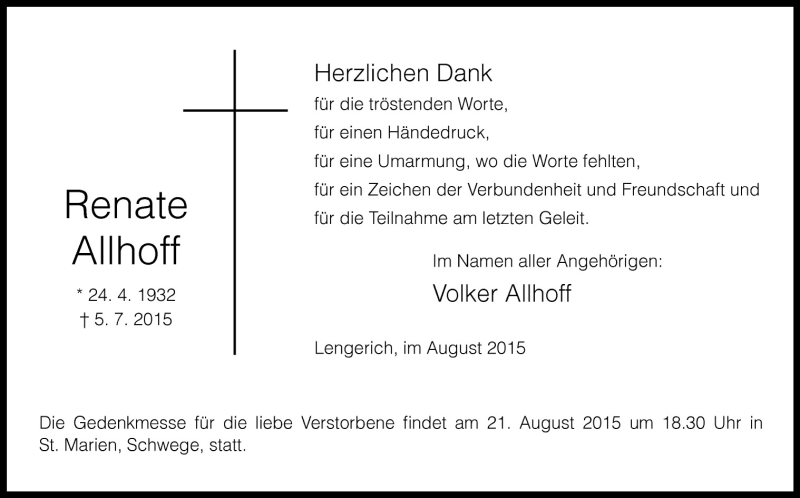  Traueranzeige für Renate Allhoff vom 08.08.2015 aus Neue Osnabrücker Zeitung GmbH & Co. KG