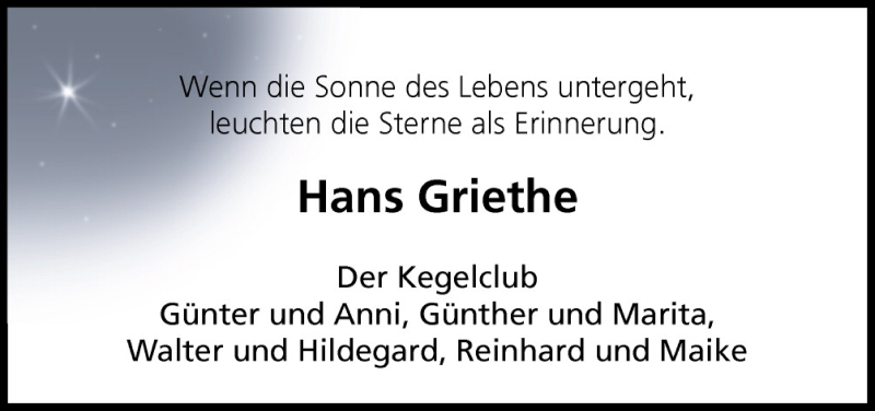  Traueranzeige für Hans Griehte vom 07.08.2015 aus Neue Osnabrücker Zeitung GmbH & Co. KG