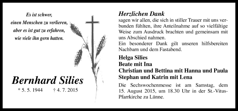  Traueranzeige für Bernhard Silies vom 12.08.2015 aus Neue Osnabrücker Zeitung GmbH & Co. KG