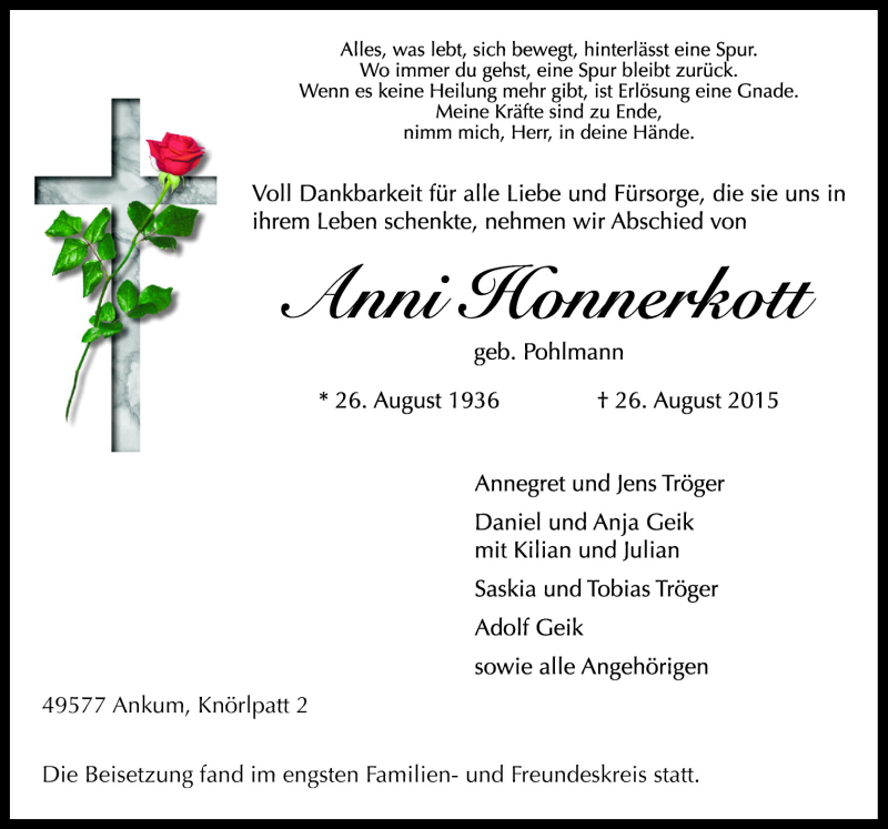  Traueranzeige für Anni Honnerkott vom 31.08.2015 aus Neue Osnabrücker Zeitung GmbH & Co. KG