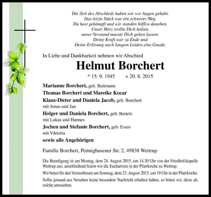  Traueranzeige für Helmut Borchert vom 22.08.2015 aus Neue Osnabrücker Zeitung GmbH & Co. KG