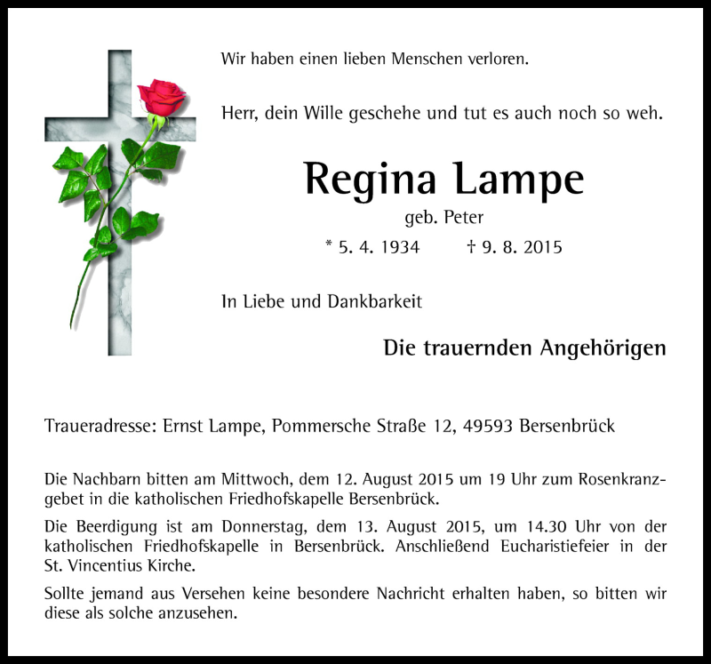  Traueranzeige für Regina Lampe vom 12.08.2015 aus Neue Osnabrücker Zeitung GmbH & Co. KG