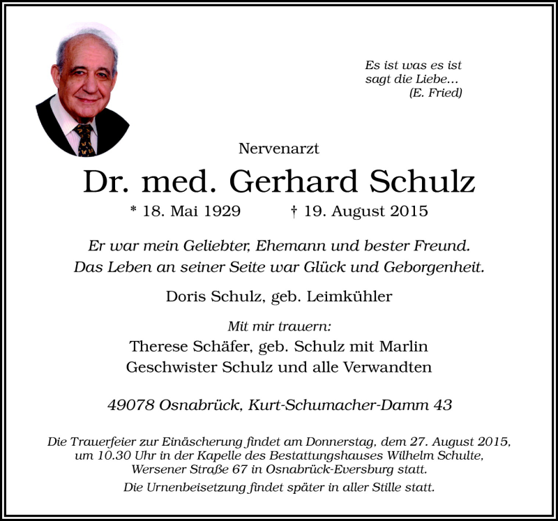  Traueranzeige für Gerhard Schulz vom 22.08.2015 aus Neue Osnabrücker Zeitung GmbH & Co. KG