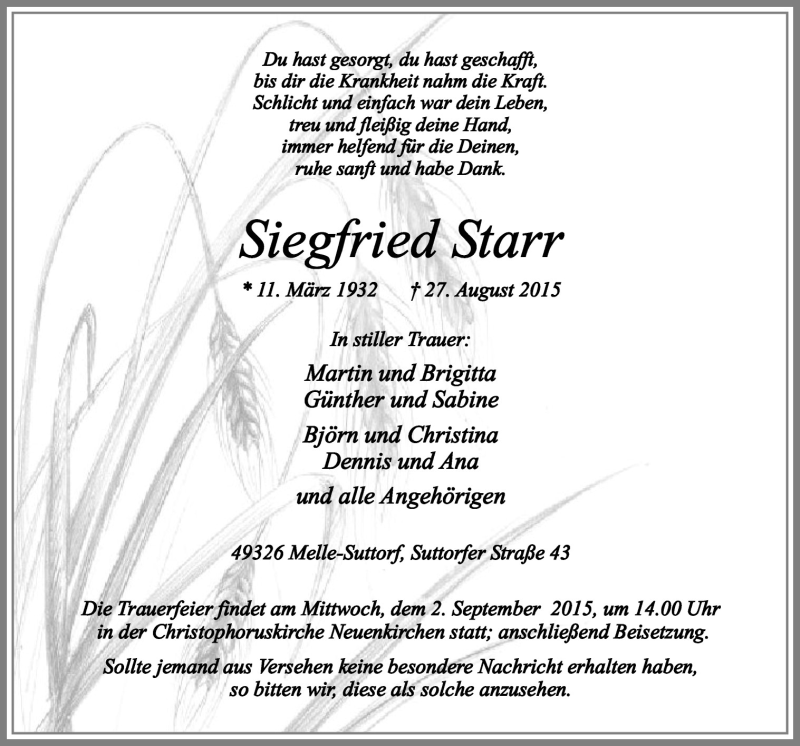  Traueranzeige für Siegfried Starr vom 29.08.2015 aus Neue Osnabrücker Zeitung GmbH & Co. KG