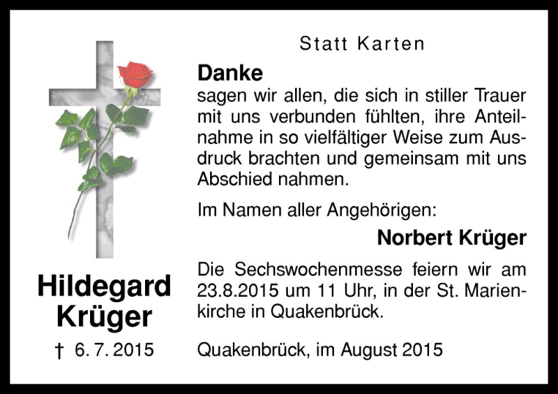  Traueranzeige für Hildegard Krüger vom 15.08.2015 aus Neue Osnabrücker Zeitung GmbH & Co. KG