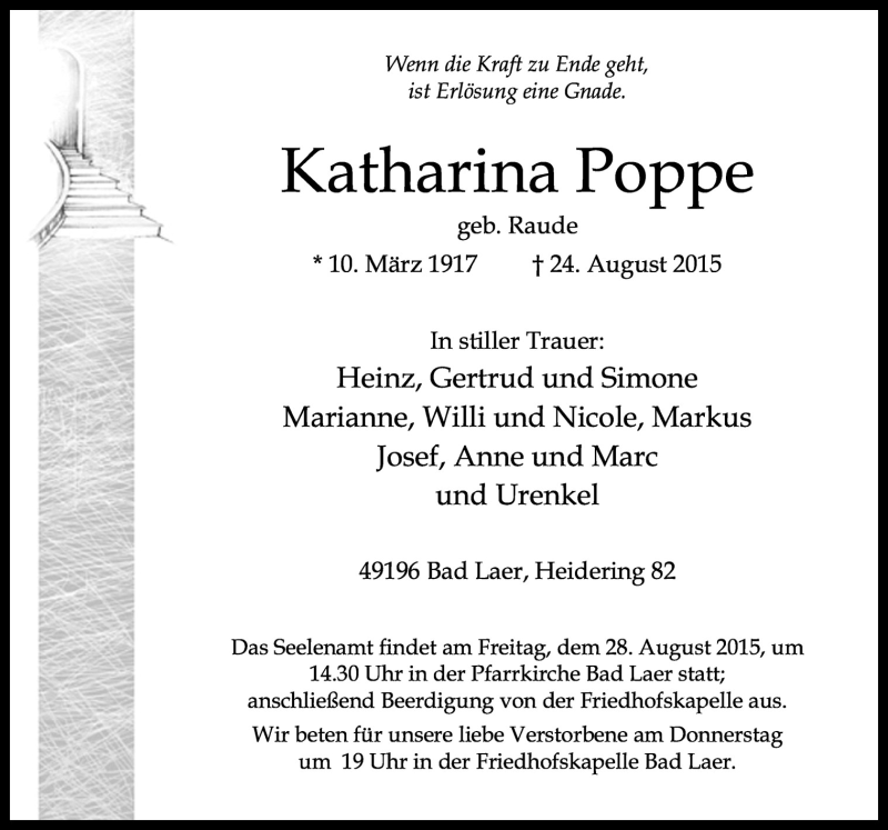  Traueranzeige für Katharina Poppe vom 26.08.2015 aus Neue Osnabrücker Zeitung GmbH & Co. KG