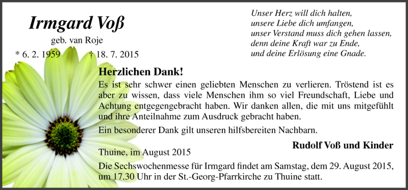  Traueranzeige für Irmgard Voß vom 26.08.2015 aus Neue Osnabrücker Zeitung GmbH & Co. KG