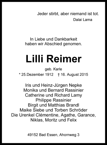 Traueranzeige von Lilli Reimer von Neue Osnabrücker Zeitung GmbH & Co. KG