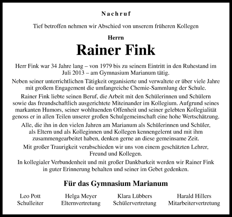  Traueranzeige für Rainer Fink vom 31.08.2015 aus Neue Osnabrücker Zeitung GmbH & Co. KG