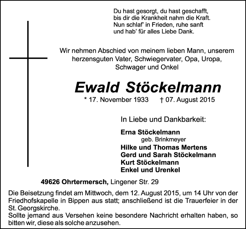  Traueranzeige für Ewald Stöckelmann vom 10.08.2015 aus Neue Osnabrücker Zeitung GmbH & Co. KG