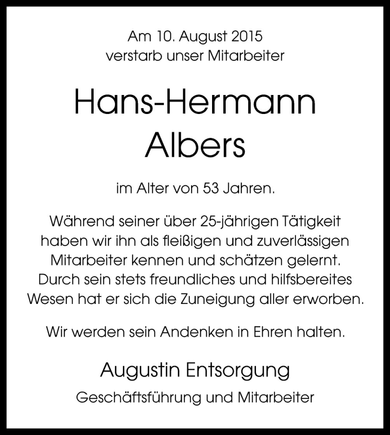  Traueranzeige für Hans-Hermann Albers vom 29.08.2015 aus Neue Osnabrücker Zeitung GmbH & Co. KG
