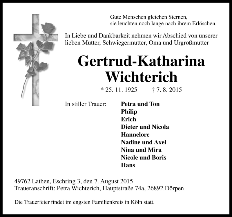  Traueranzeige für Gertrud-Katharina Wichterich vom 12.08.2015 aus Neue Osnabrücker Zeitung GmbH & Co. KG