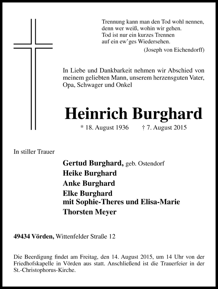  Traueranzeige für Heinrich Burghard vom 11.08.2015 aus Neue Osnabrücker Zeitung GmbH & Co. KG