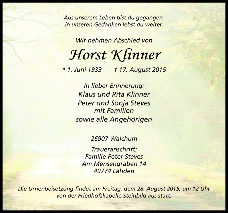  Traueranzeige für Horst Klinner vom 26.08.2015 aus Neue Osnabrücker Zeitung GmbH & Co. KG