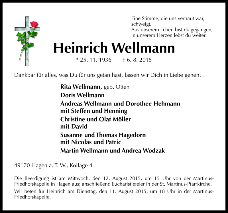  Traueranzeige für Heinrich Wellmann vom 10.08.2015 aus Neue Osnabrücker Zeitung GmbH & Co. KG