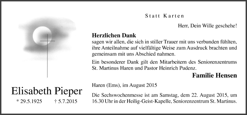  Traueranzeige für Elisabeth Pieper vom 19.08.2015 aus Neue Osnabrücker Zeitung GmbH & Co. KG