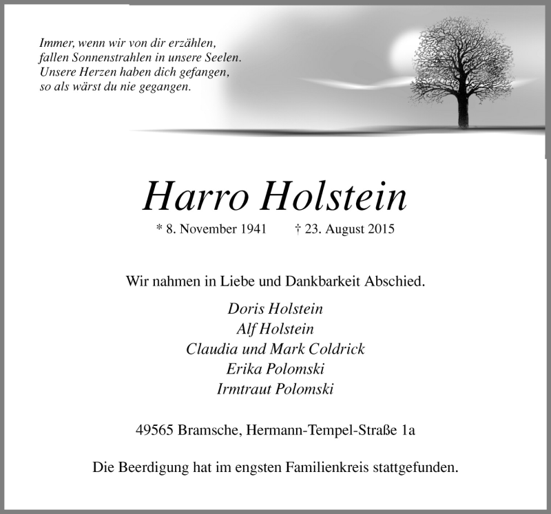  Traueranzeige für Harro Holstein vom 28.08.2015 aus Neue Osnabrücker Zeitung GmbH & Co. KG