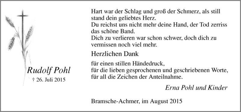  Traueranzeige für Rudolf Pohl vom 29.08.2015 aus Neue Osnabrücker Zeitung GmbH & Co. KG