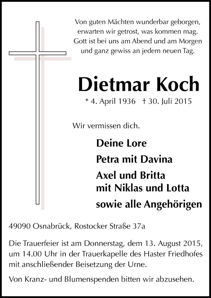  Traueranzeige für Dietmar Koch vom 08.08.2015 aus Neue Osnabrücker Zeitung GmbH & Co. KG