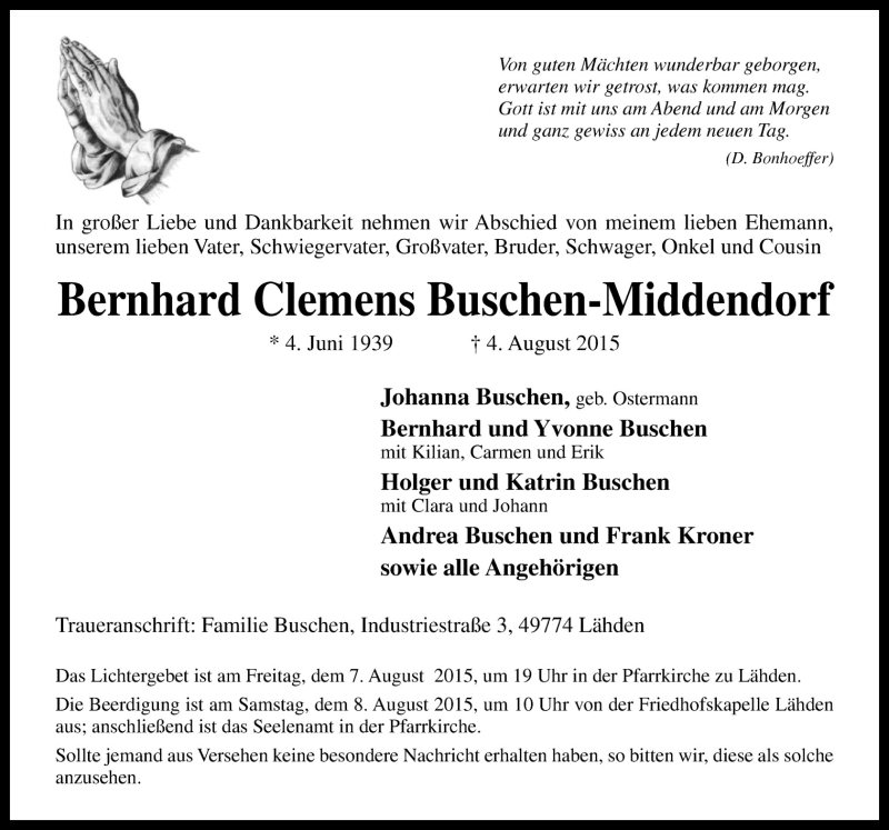  Traueranzeige für Bernhard Clemens Buschen-Middendorf vom 07.08.2015 aus Neue Osnabrücker Zeitung GmbH & Co. KG