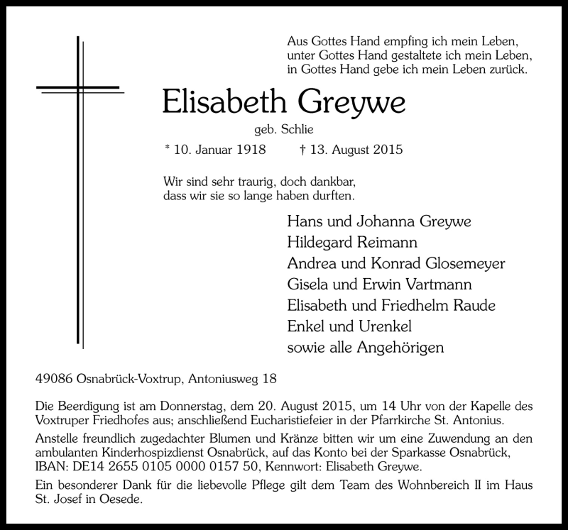  Traueranzeige für Elisabeth Greywe vom 18.08.2015 aus Neue Osnabrücker Zeitung GmbH & Co. KG