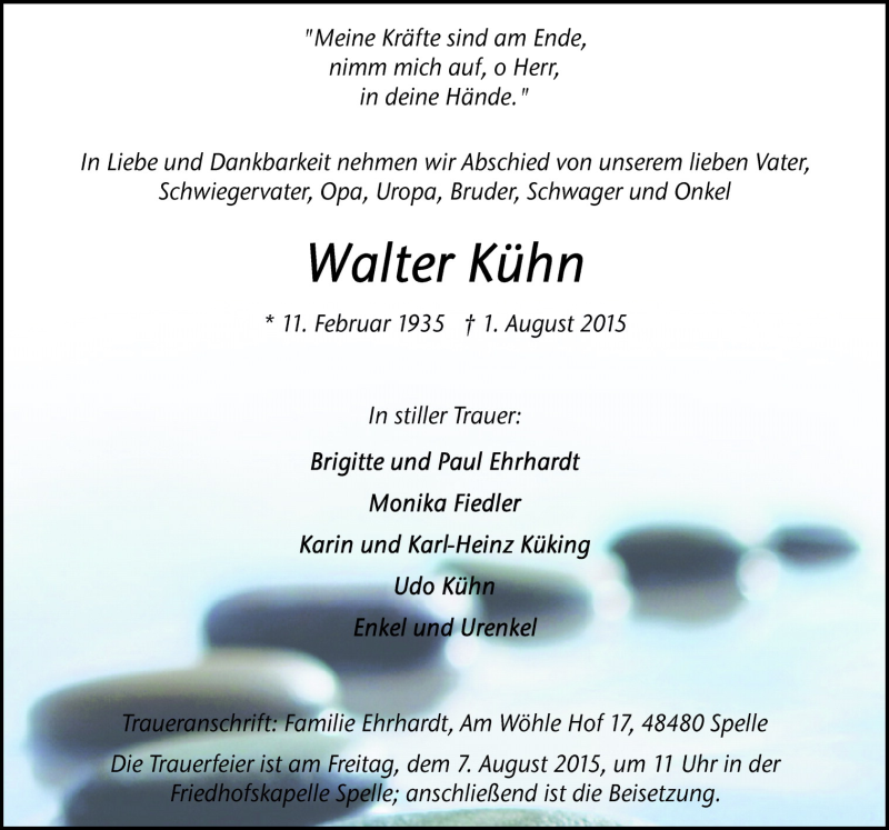  Traueranzeige für Walter Kühn vom 04.08.2015 aus Neue Osnabrücker Zeitung GmbH & Co. KG