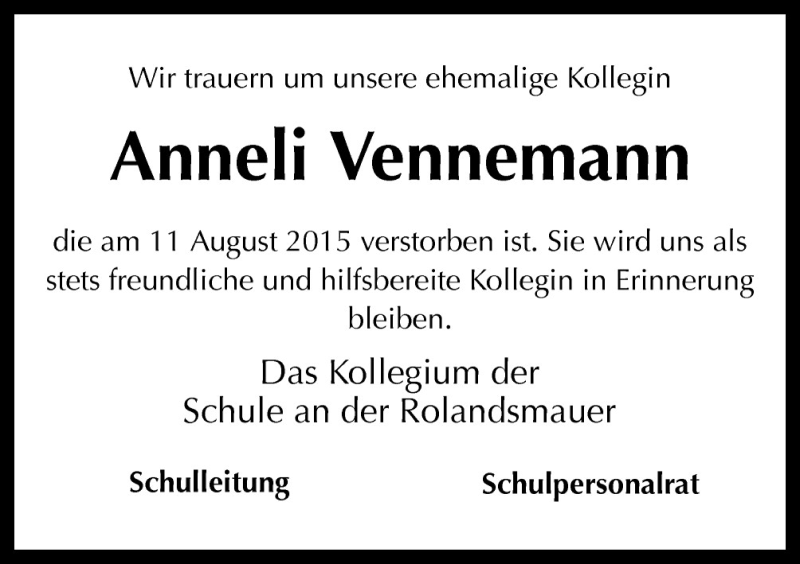  Traueranzeige für Anneli Vennemann vom 15.08.2015 aus Neue Osnabrücker Zeitung GmbH & Co. KG