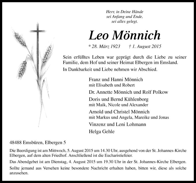  Traueranzeige für Leo Mönnich vom 03.08.2015 aus Neue Osnabrücker Zeitung GmbH & Co. KG