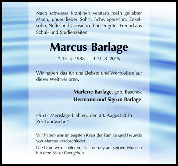 Traueranzeige von Marcus Barlage von Neue Osnabrücker Zeitung GmbH & Co. KG