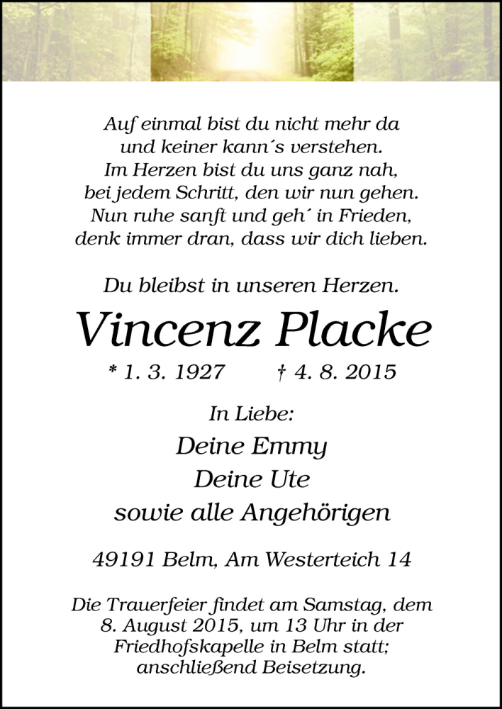  Traueranzeige für Vincenz Placke vom 07.08.2015 aus Neue Osnabrücker Zeitung GmbH & Co. KG
