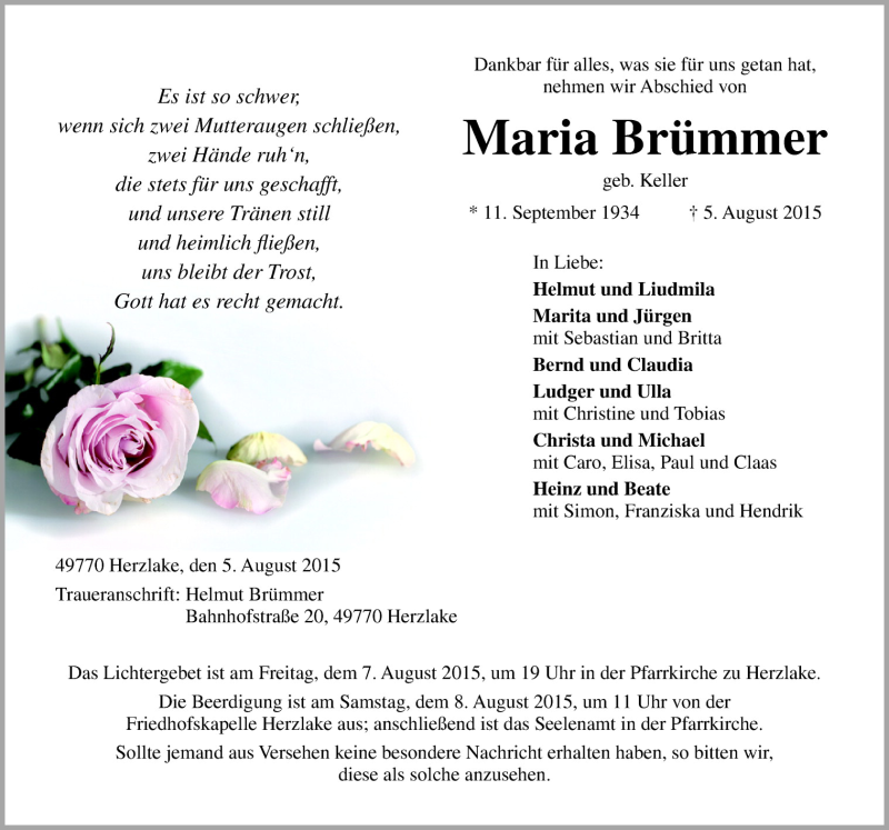  Traueranzeige für Maria Brümmer vom 07.08.2015 aus Neue Osnabrücker Zeitung GmbH & Co. KG
