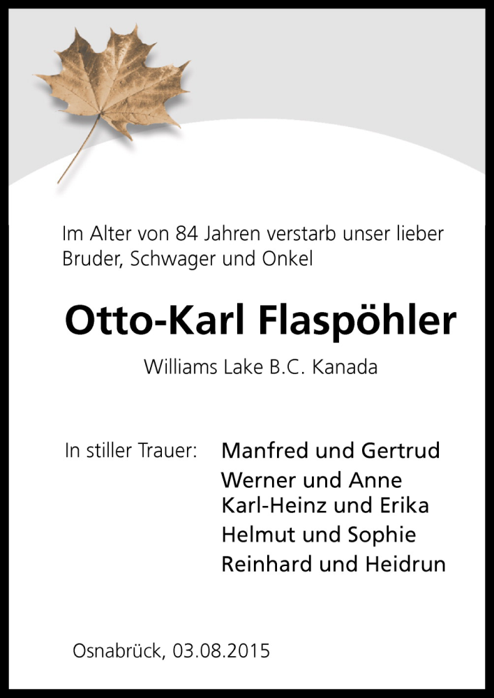  Traueranzeige für Otto-Karl Flaspöhler vom 08.08.2015 aus Neue Osnabrücker Zeitung GmbH & Co. KG