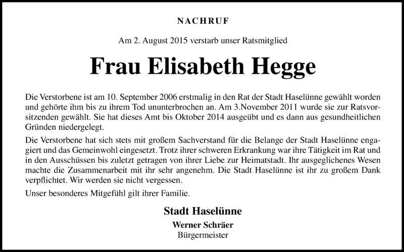  Traueranzeige für Elisabeth Hegge vom 06.08.2015 aus Neue Osnabrücker Zeitung GmbH & Co. KG