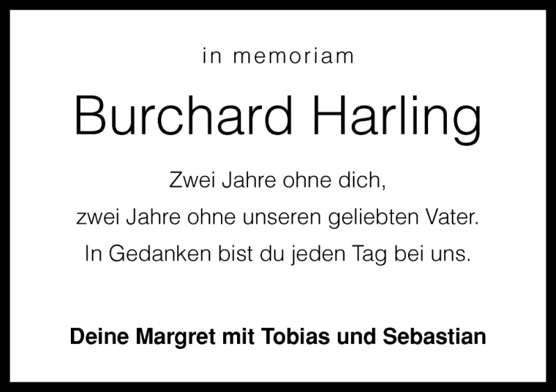  Traueranzeige für Burchard Harling vom 13.08.2015 aus Neue Osnabrücker Zeitung GmbH & Co. KG