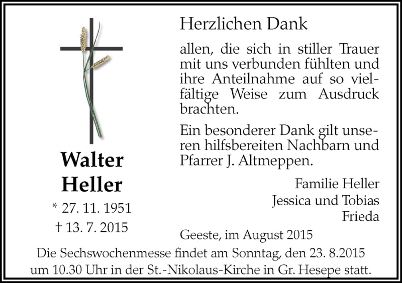  Traueranzeige für Walter Heller vom 21.08.2015 aus Neue Osnabrücker Zeitung GmbH & Co. KG