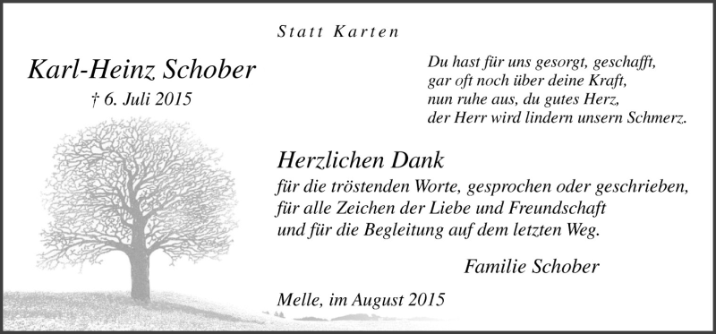  Traueranzeige für Karl-Heinz Schlober vom 22.08.2015 aus Neue Osnabrücker Zeitung GmbH & Co. KG